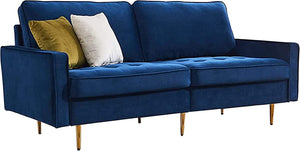 Blue Velvet Fabric Sofa Couch, 70 inch Wide Mid Century - EK CHIC HOME