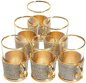 (Set of 6) XL Turkish Tea Glasses Set with Holders Spoons & TRAY, Decorated with Swarovski - EK CHIC HOME