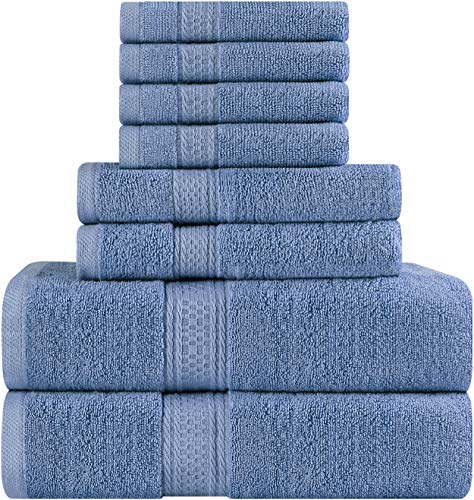 Premium 8 Piece Towel Set (Electric Blue); 2 Bath Towels, 2 Hand Towels and 4 Washcloths - Cotton - Hotel Quality - EK CHIC HOME