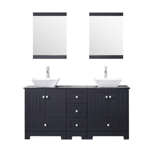 60" Black Double Bathroom Vanity Cabinets and Ceramic Vessel Sink w/Mirror Combo Faucet - EK CHIC HOME