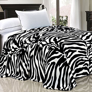 Light Weight Animal Safari Style Black White Zebra Printed Flannel Fleece Blanket (Queen) - EK CHIC HOME