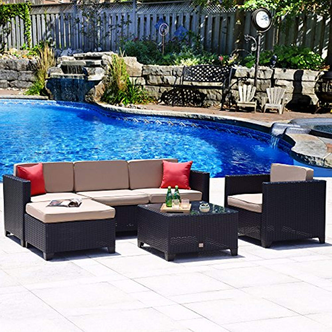 6PC Patio Furniture Set Outdoor All-Weather Wicker Sectional Set - EK CHIC HOME