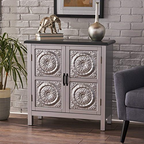 Silver Finished Firwood Cabinet with Faux Wood Overlay and Charcoal Top - EK CHIC HOME