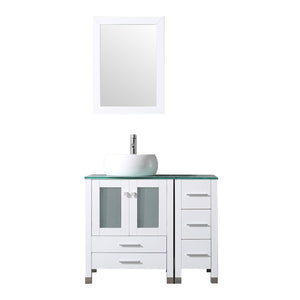 36" White Bathroom Wood Vanity Cabinet Ceramic Vessel Sink Top Faucet Drain Combo with Mirror Vanities Set - EK CHIC HOME