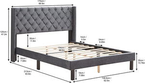 Velvet Queen Size Platform Bed Wooden Bed Frame with Upholstered Headboard - EK CHIC HOME