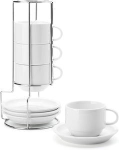 /Porcelain Stackable Espresso Cups with Saucers and Metal Stand - EK CHIC HOME