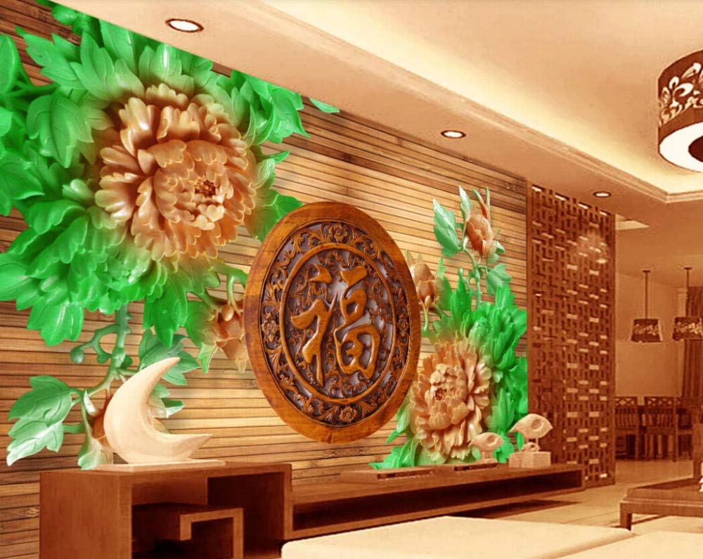 Wall Mural 3D Wallpaper Woodcarving Peony, Green Leaf, Wood Grain  Art - EK CHIC HOME