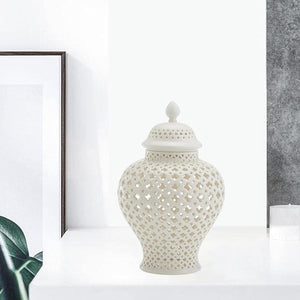 Ceramic Ginger Jar with Lid Decorative Flower Vase Display Jars White - EK CHIC HOME