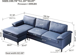 Leather Sofa 3-Seat L-Shape Sectional Sofa Couch Set w/Chaise a(Blue) - EK CHIC HOME