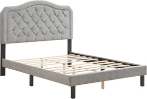 Upholstered Queen Platform Bed Contoured Button Tufted Wooden - EK CHIC HOME