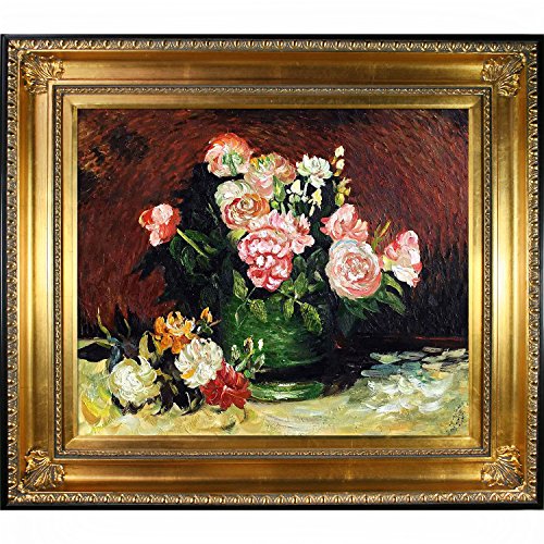 Bowl with Peonies & Roses By Vincent Van Gogh Framed Hand Painted Oil On Canvas with Regency Gold Frame - EK CHIC HOME