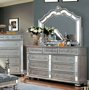 Glamorous  Silver Padded Fabric Eastern King Size Bed Tufted Matching Dresser Mirror Nightstand Formal Bedroom Furniture 4pc Set - EK CHIC HOME