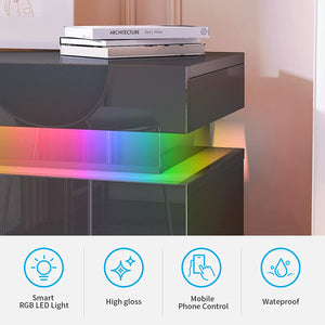 LED Nightstand, High Gloss Bedside Tables with Smart LED Strip Light - EK CHIC HOME