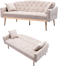 Load image into Gallery viewer, Velvet Futon Sofa Mid Century - Gold Metal Legs and 2 Pillows - EK CHIC HOME