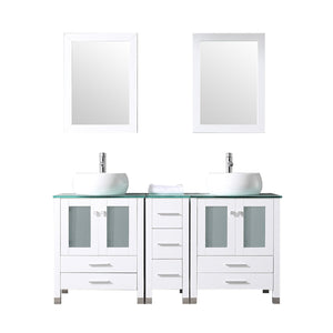 60" White Double Wood Bathroom Vanity Cabinet and Square Ceramic Vessel Sink w/Mirror Faucet Combo - EK CHIC HOME