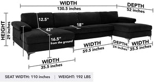 Large Velvet Fabric U-Shape Sectional Sofa, Black - EK CHIC HOME
