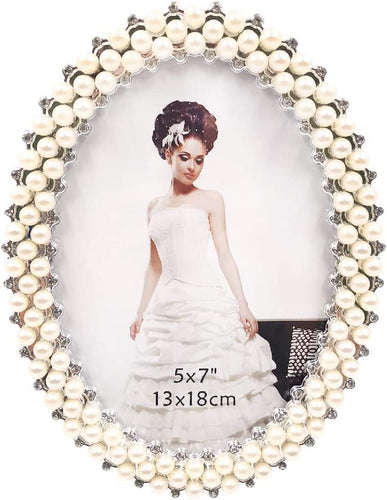 Wedding Photo Frame - Pearls Decorated Picture Holder Display  (Silver) - EK CHIC HOME