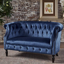 Load image into Gallery viewer, Navy Blue Velvet Loveseat - Tufted Rolled Arm Velvet Chesterfield Loveseat Couch - EK CHIC HOME