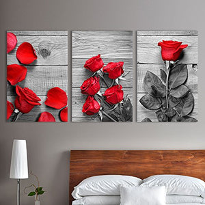 3 Panel Canvas Wall Art - Black and White Roses with Touch of Red Color - Giclee Print Gallery Wrap Modern Home Decor Ready to Hang - EK CHIC HOME