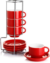 Load image into Gallery viewer, /Porcelain Stackable Espresso Cups with Saucers and Metal Stand - EK CHIC HOME