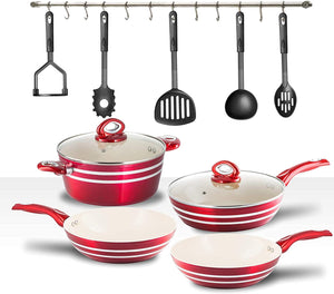 Nonstick Pots and Pans Set Professional Grade 11 Piece Red and Cream - EK CHIC HOME