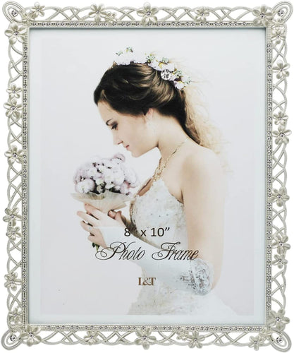 Wedding Picture Frame Silver Metal with Pearly White Flowers and Crystals 8 x10 - EK CHIC HOME