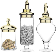 Load image into Gallery viewer, Set of 3 Antique-Theme Glass Apothecary Jars with Metallic Brass-Tone Lids - EK CHIC HOME