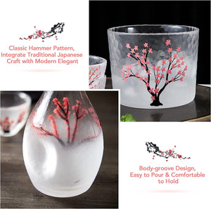 Japanese Sake Set for 4, Handcraft Pink Cherry Blossoms Design - 6 pcs - EK CHIC HOME