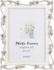 Metal Picture Frame Silver Plated Enamel and Jewels 5x7 Inch - EK CHIC HOME