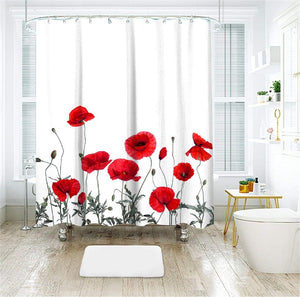 Poppy Floral Shower Curtain Red Flowers F Set with Hooks - EK CHIC HOME