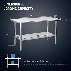Commercial Kitchen Prep & Work Table with Undershelf and Galvanized Legs - EK CHIC HOME