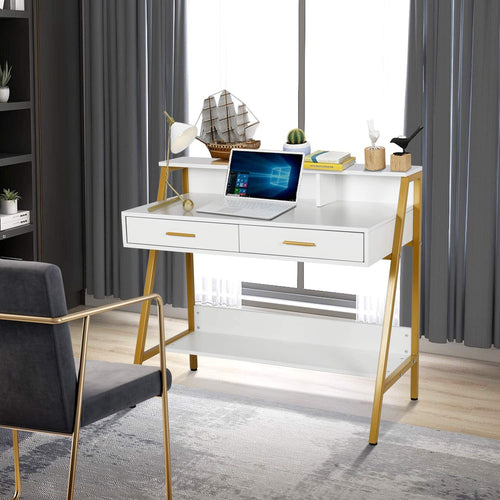 Modern Writing Desk with Hutch - 39” x 19” Workstation - Home Office Furniture - EK CHIC HOME