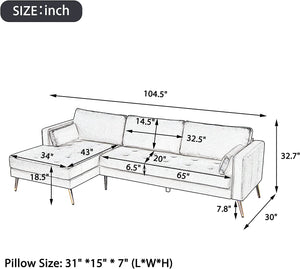 Sectional Sofa with 2 Pillows, L-Shape Upholstered - EK CHIC HOME