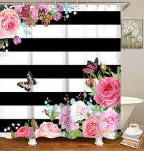 Load image into Gallery viewer, Striped Fabric Pink Floral Shower Curtains Set - EK CHIC HOME