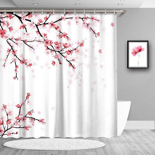 Cherry Blossom Shower Curtain Pink Floral with 12 Hooks - EK CHIC HOME