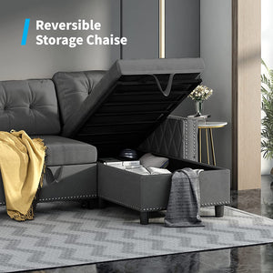 Velvet Reversible Sleeper Sofa with Large Storage Chaise, 3 Seat Reversible - EK CHIC HOME