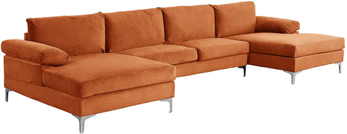 Large Velvet Fabric U-Shape Sectional Sofa (Tangerine) - EK CHIC HOME