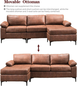 Suede Fabric Sofa 3-Seat L-Shape Sectional Sofa Couch Set w/Chaise (Dark Brown) - EK CHIC HOME