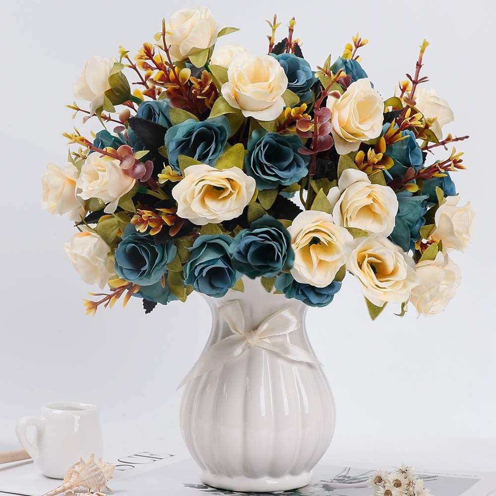 Artificial Fake Flowers with Vase Silk Artificial Roses - EK CHIC HOME