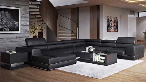 TOP GRAIN Black Leather Sectional Sofa with Adjustable Headrests - Right Chaise - EK CHIC HOME