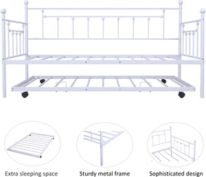 Twin Daybed with Trundle Metal Guest Bed Frame for Living Room - EK CHIC HOME