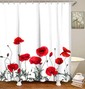 Poppy Floral Shower Curtain Red Flowers F Set with Hooks - EK CHIC HOME