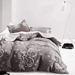 Gray Floral Duvet Cover Set, 100% Cotton Bedding, White Rose - EK CHIC HOME
