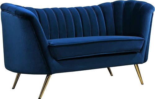 Velvet Upholstered Loveseat with Deep Channel Tufting and Rich Gold Stainless Steel Legs - EK CHIC HOME