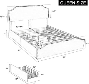 Queen Size Bed Frame with 4 Storage Drawers and Headboard - EK CHIC HOME