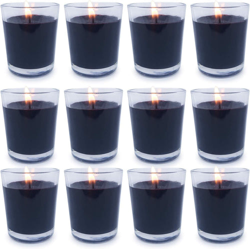Set of 12 Black Votive Candles Clear Glass - Unscented - EK CHIC HOME