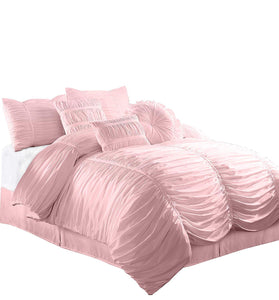 7-Piece Chic Ruched Comforter Set (with Throw Pillows) (Queen, Pink) - EK CHIC HOME