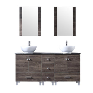60" Double Wood Bathroom Vanity Cabinet and Ceramic Vessel Sink w/Mirror Combo Faucet - EK CHIC HOME
