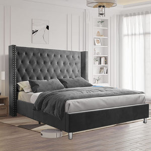 King Bed Frame Low Profile Platform Bed Upholstered Velvet Tufted - EK CHIC HOME
