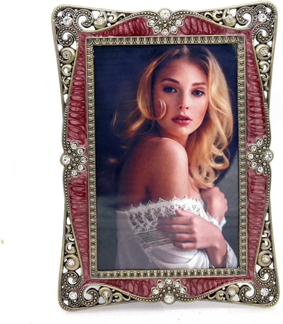 Vintage Retro Brass Plated Metal Picture Frame Decorated with Crystals  5 x 7 - EK CHIC HOME
